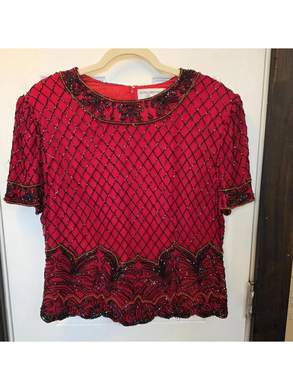 Papell Boutique Evening Beaded Silk Top in Red & Black- Size XL